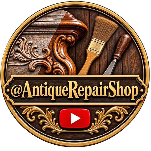 Antique Repair Shop emblem showing antique tools and a YouTube play button